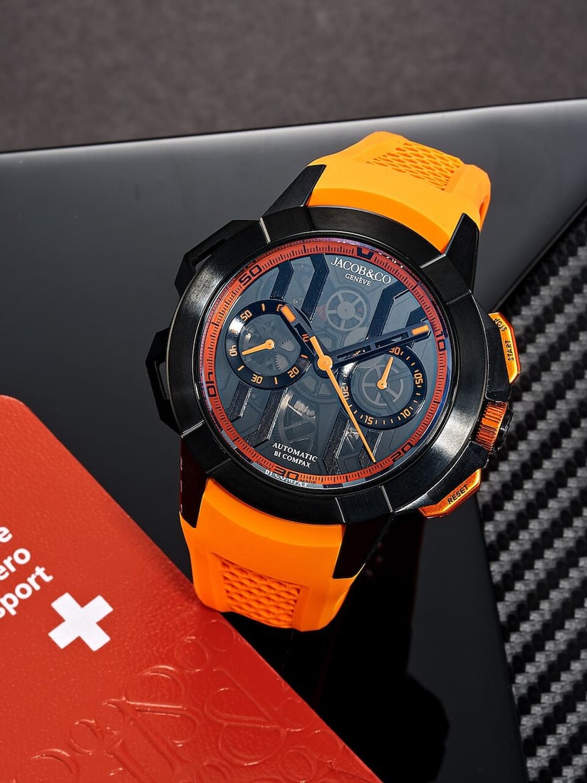 JACOB & CO | EPIC X CHRONO, REF.EC430.21.AB.AA.A, A BRAND NEW DLC-COATED TITANIUM SEMI-SKELETONI...: JACOB & CO | EPIC X CHRONO, REF.EC430.21.AB.AA.A, A BRAND NEW DLC-COATED TITANIUM SEMI-SKELETONISED CHRONOGRAPH WRISTWATCH, CIRCA 2025 Case No: 0087 Calibre: JCAA05, automatic, signed Dial: Semi-skele