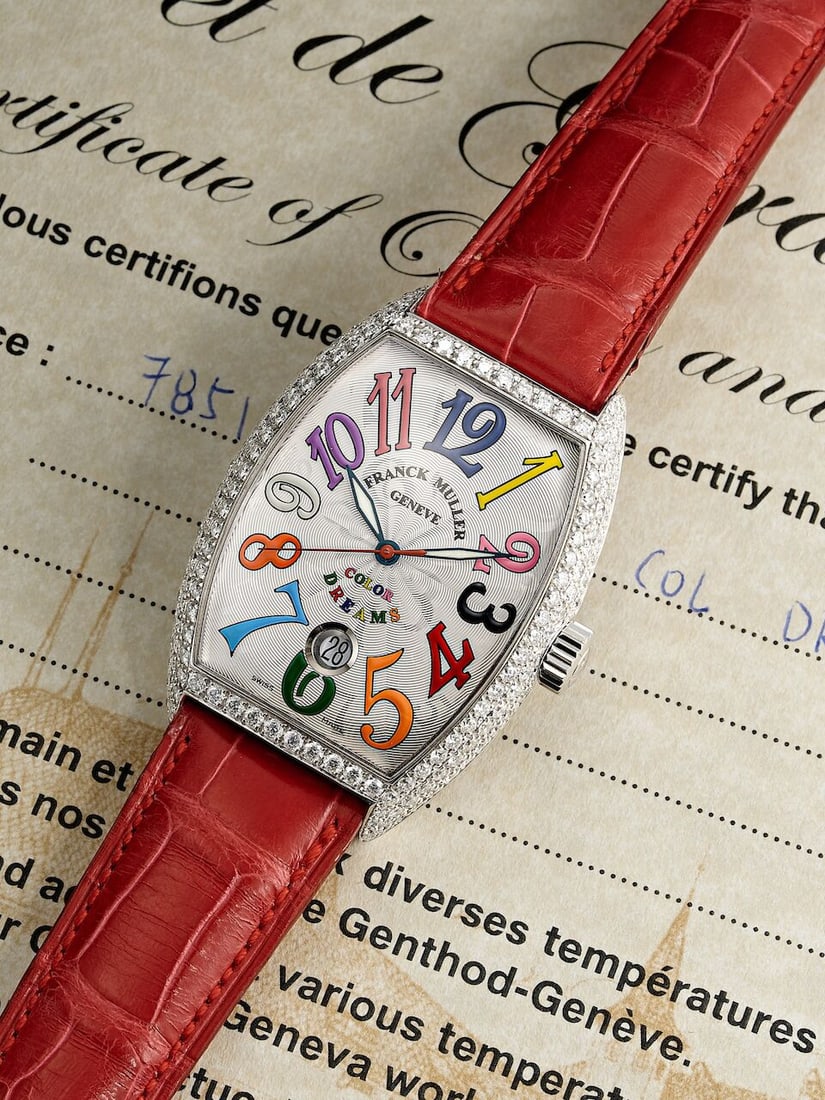 [NO RESERVE] FRANCK MULLER | CINTRÉE CURVEX COLOR DREAMS, REF.7851 SC DT COL DRM D, A NEW O...: [NO RESERVE] FRANCK MULLER | CINTRÉE CURVEX COLOR DREAMS, REF.7851 SC DT COL DRM D, A NEW OLD STOCK WHITE GOLD AND DIAMOND-SET WRISTWATCH WITH DATE, CIRCA 2010 Case No: 16 Calibre: 2800 V, automa