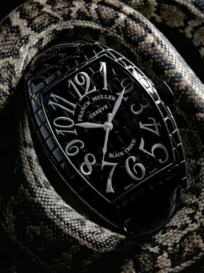 FRANCK MULLER | CINTRÉE CURVEX BLACK CROCO, REF.9880SC, A PVD-COATED STAINLESS STEEL WRISTW...: FRANCK MULLER | CINTRÉE CURVEX BLACK CROCO, REF.9880SC, A PVD-COATED STAINLESS STEEL WRISTWATCH WITH CROCODILE MOTIF DIAL, CIRCA 2015 Case No: 317 Calibre: Automatic, signed Dial: Black