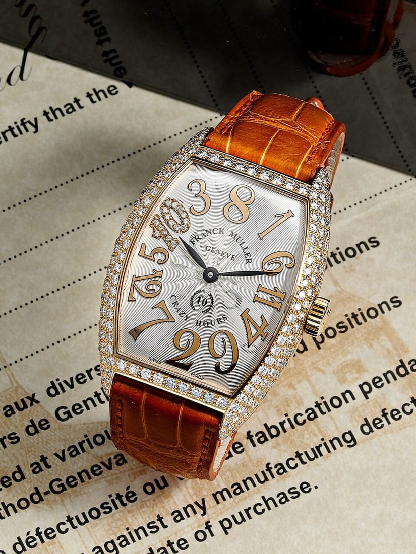 FRANCK MULLER | CINTRÉE CURVEX CRAZY HOURS, REF.7880 CH REL D 10D 5N, A LIMITED EDITION PIN...: FRANCK MULLER | CINTRÉE CURVEX CRAZY HOURS, REF.7880 CH REL D 10D 5N, A LIMITED EDITION PINK GOLD AND DIAMOND-SET WRISTWATCH WITH JUMPING HOUR HAND, CIRCA 2013 Case No: Limited No. 23/28 Calibre:
