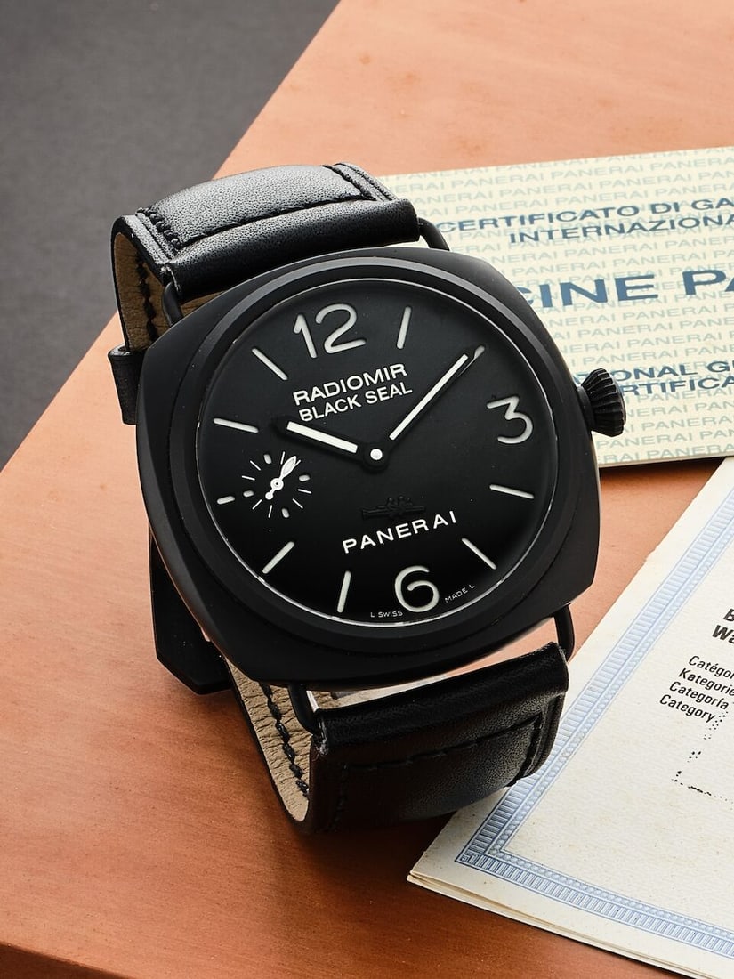 PANERAI | RADIOMIR BLACK SEAL, REF.PAM00292, A BLACK CERAMIC AND PVD-COATED STAINLESS STEEL WRIS...: PANERAI | RADIOMIR BLACK SEAL, REF.PAM00292, A BLACK CERAMIC AND PVD-COATED STAINLESS STEEL WRISTWATCH, CIRCA 2007 Case No: J0744/1000 Calibre: OP XI, manual winding, signed Dial: Black, signed Case: