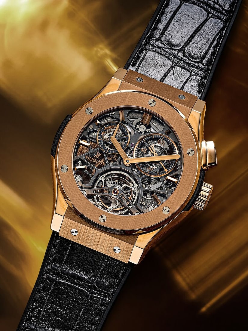 HUBLOT | CLASSIC FUSION TOURBILLON SKELETON KING GOLD, REF.506.OX.0180.LR, A LIMITED EDITION PIN...: HUBLOT | CLASSIC FUSION TOURBILLON SKELETON KING GOLD, REF.506.OX.0180.LR, A LIMITED EDITION PINK GOLD SKELETONISED SINGLE BUTTON CHRONOGRAPH TOURBILLON WRISTWATCH, CIRCA 2016 Case No: Limited No.