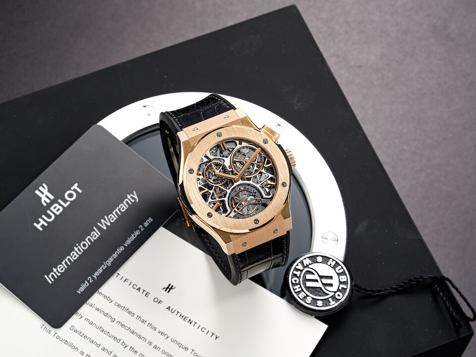 HUBLOT | CLASSIC FUSION TOURBILLON SKELETON KING GOLD, REF.506.OX.0180.LR, A LIMITED EDITION PIN... - 5