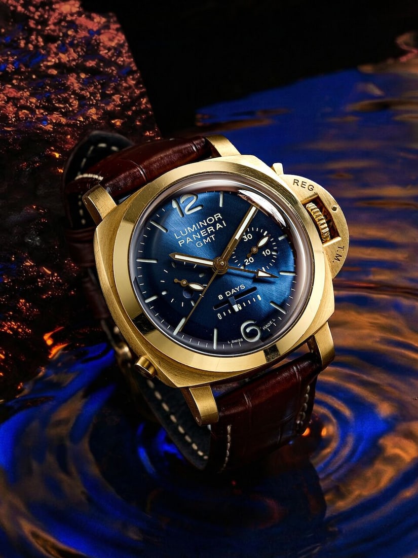 PANERAI | LUMINOR 1950 8 DAYS CHRONO MONOPULSANTE GMT, REF.PAM00277, A LIMITED EDITION PINK GOLD...: PANERAI | LUMINOR 1950 8 DAYS CHRONO MONOPULSANTE GMT, REF.PAM00277, A LIMITED EDITION PINK GOLD DUAL TIME CHRONOGRAPH WRISTWATCH WITH 8-DAY POWER RESERVE, CIRCA 2007 Case No: J028/250 Calibre: 2004/1