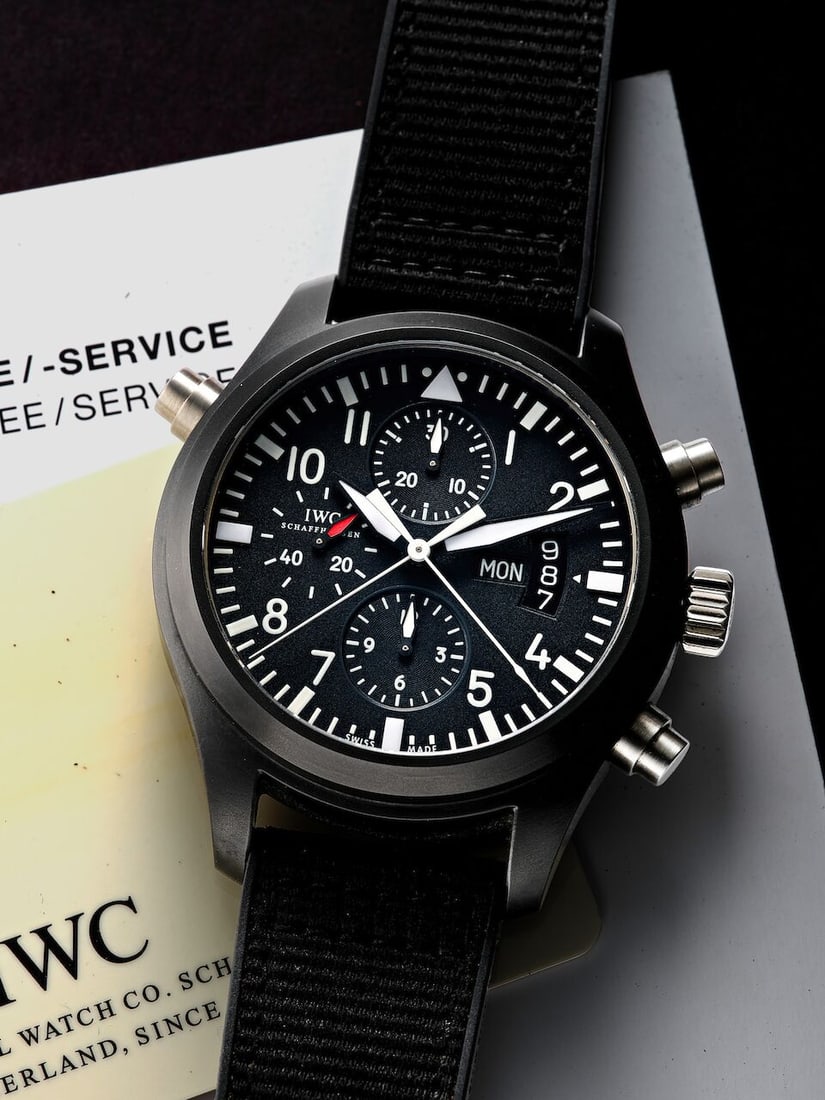 IWC | PILOT'S DOUBLE CHRONOGRAPH, REF.IW378601, A LIMITED EDITION DLC-COATED CERAMIC AND TITANIU...: IWC | PILOT'S DOUBLE CHRONOGRAPH, REF.IW378601, A LIMITED EDITION DLC-COATED CERAMIC AND TITANIUM SPLIT-SECONDS CHRONOGRAPH WRISTWATCH WITH DAY AND DATE, CIRCA 2006 Case No: Limited to 1000 Calibre: 7