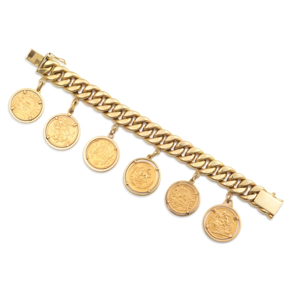 BRACELET PIÈCES EN OR: BRACELET PIÈCES EN OR La maille gourmette en or jaune retenant six pièces datant de 1860 à 1927, poinçons français d'import pour l'or 18K (750 ‰), longueur 20.00 cm, poi