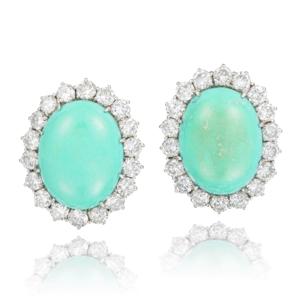 PAIRE DE CLIPS D'OREILLES TURQUOISES ET DIAMANTS (1 of 1)