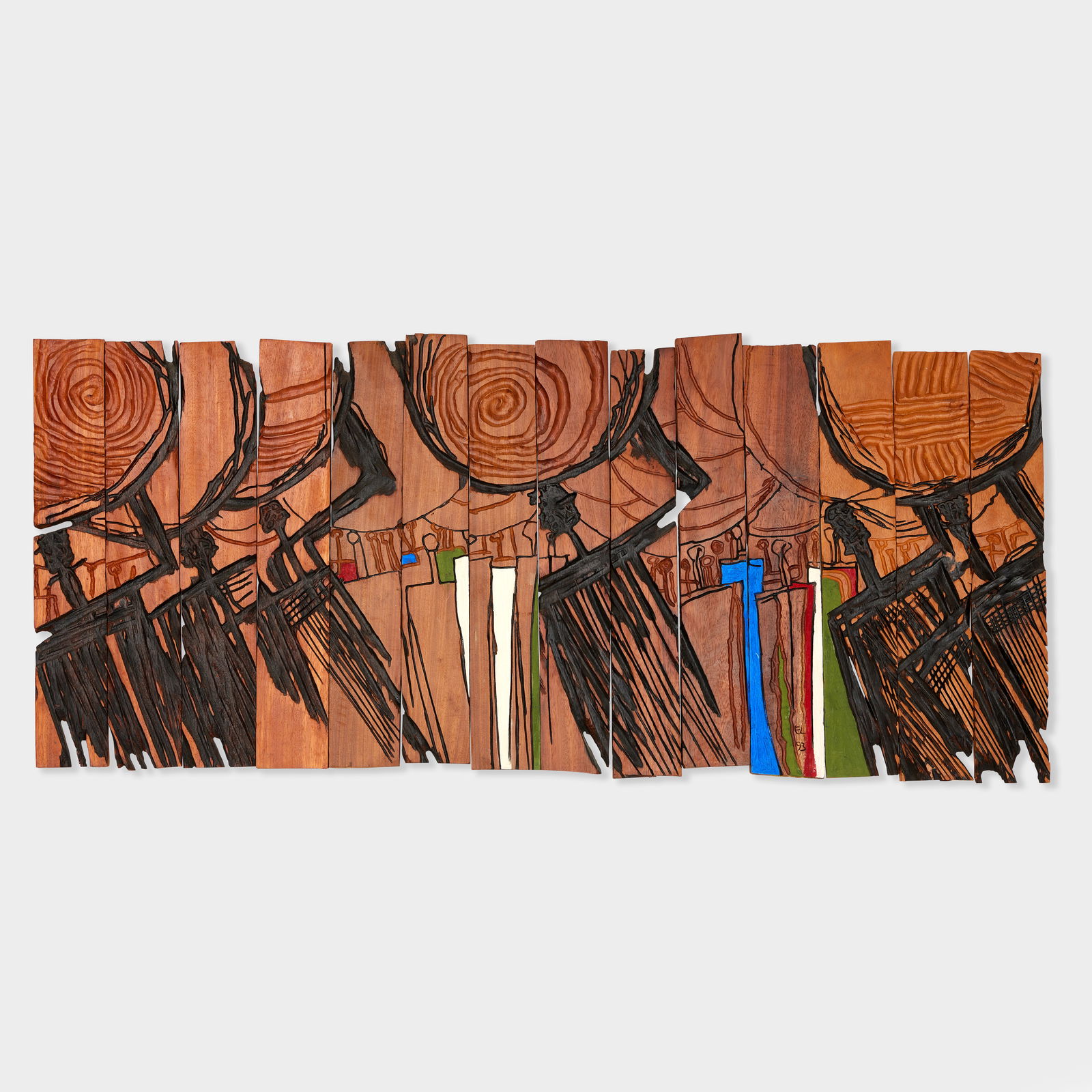 El Anatsui (Ghanaian, born 1944) Load bearers series N°4, 1988 (in 14 panels): El Anatsui (Ghanaian, born 1944) Load bearers series N°4 signed and dated 'El/88' (lower right on panel 11); titled 'Load bearers series No IV' (verso of panel 1) carved, incised, scorched, and p