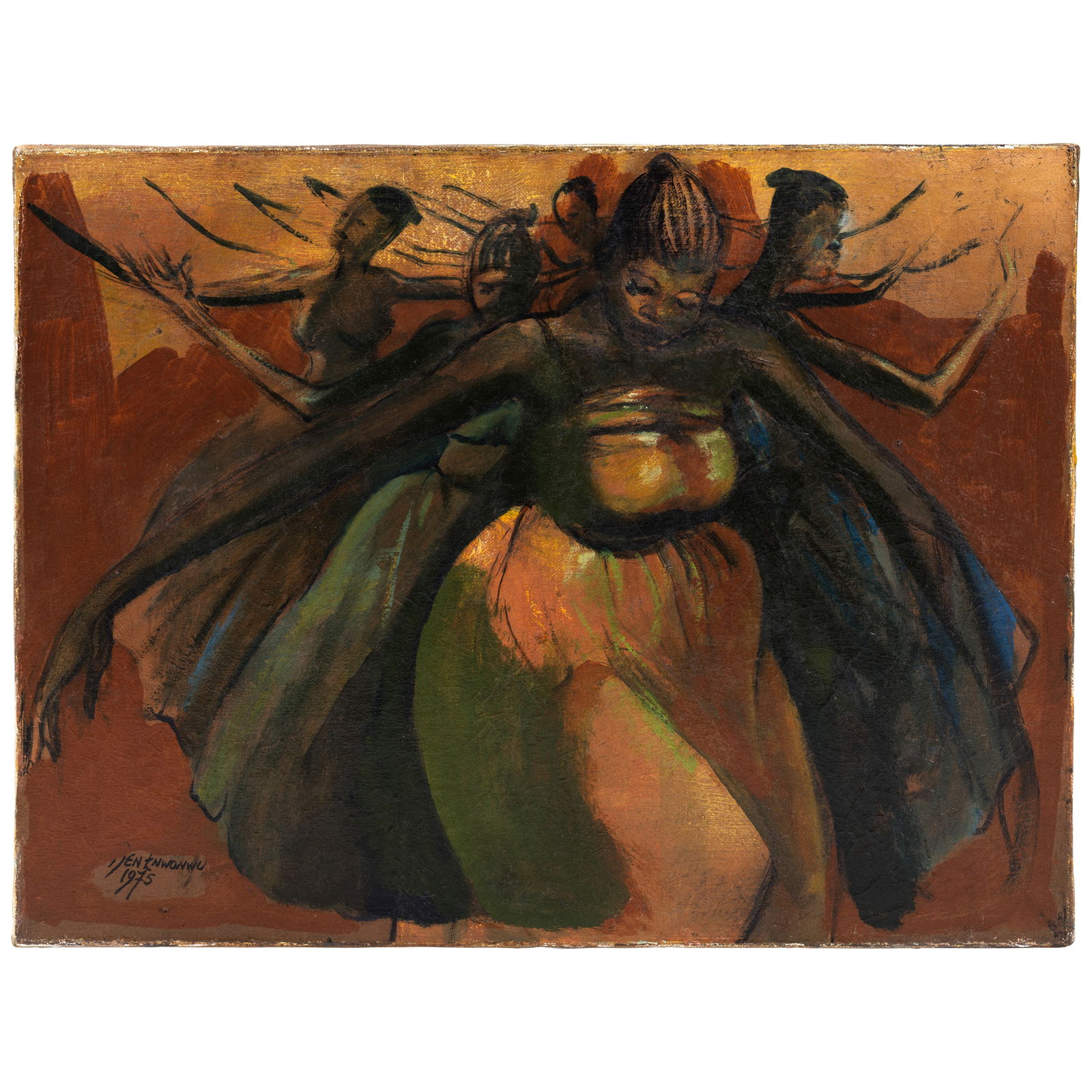 Benedict Chukwukadibia Enwonwu M.B.E (Nigerian, 1917-1994) Africa Dances, oil, 1975: Ben Enwonwu (1921-1994) Africa Dances signed and dated 'Ben Enwonwu/ 1975' (lower left) oil on canvas 38.7 x 51.5cm (15 1/4 x 20 1/4in). (unframed) Footnotes: The present lot is striking
