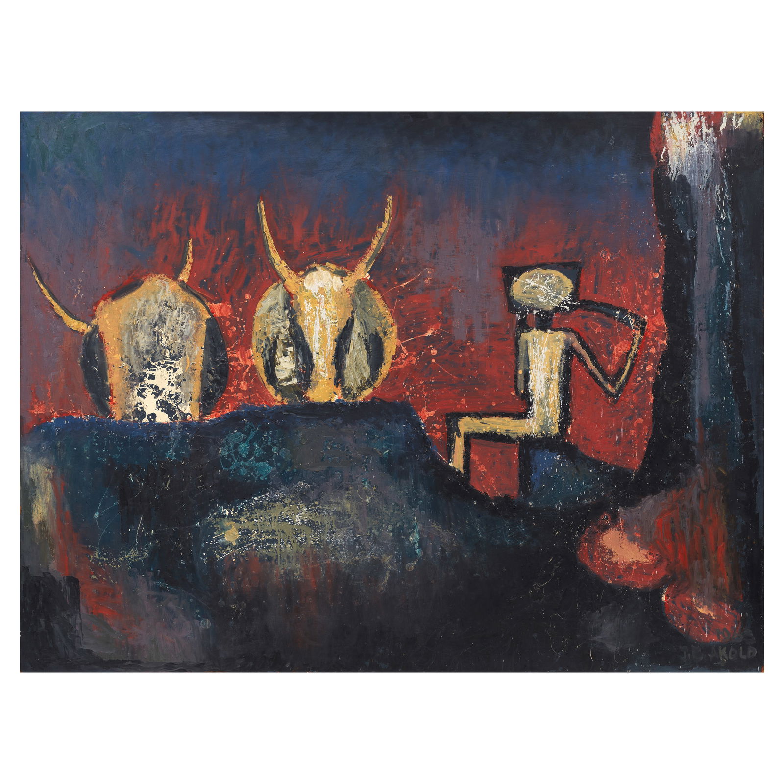 Jimoh Bola Akolo (Nigerian, 1934-2023) Cattle herder: Jimoh Bola Akolo (Nigerian, 1934-2023) Cattle herder signed and dated '1963/ J.B.AKOLO' (lower right) oil and wax on board 92 x 122cm (36 1/4 x 48 1/16in). Footnotes: Provenance