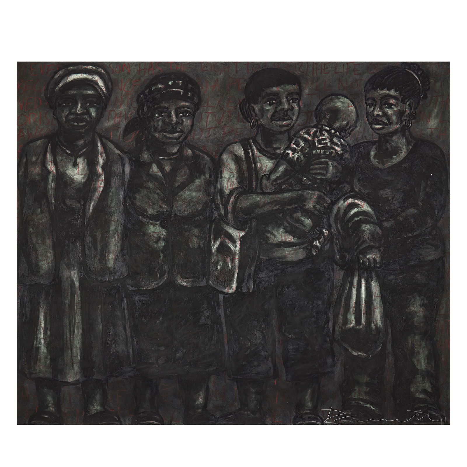 Peterson Kamwathi (Kenyan, born 1980) Sitting Allowance (unframed): Peterson Kamwathi (Kenyan, born 1980) Sitting Allowance signed 'Kamwathi' (lower right) charcoal, chalk, and ink on paper 148 x 175cm (58 1/4 x 68 7/8in). (unframed) Footnotes: Pro