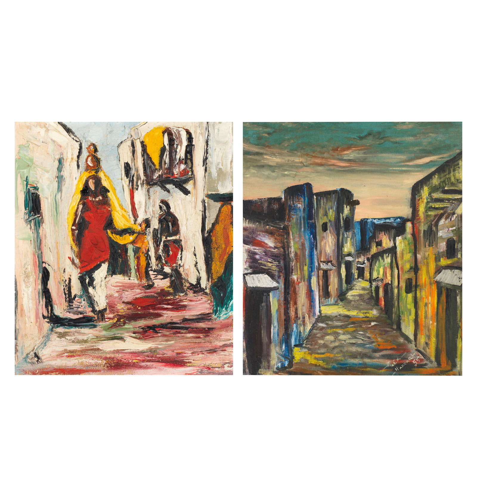 Alexander 'Skunder' Boghossian (Ethiopian, 1937-2003): Alexander 'Skunder' Boghossian (Ethiopian, 1937-2003) i) Figures on an Ethiopian Street oil on board 55.5 x 54.5cm (21 7/8 x 21 7/16in). ii) Harar, Ethiopia signed and dated '-ALEX-/-HARRA-/55' (lower