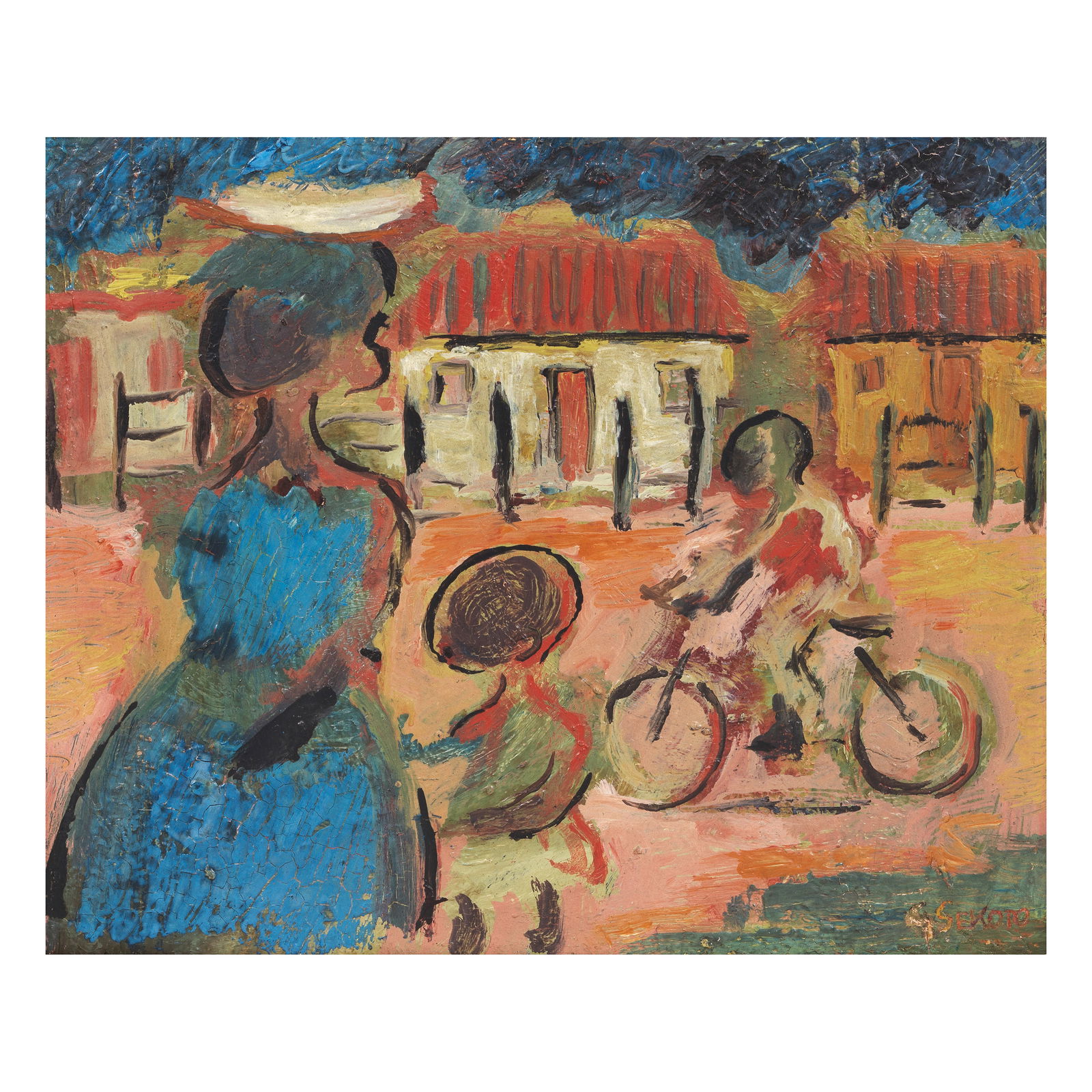 Gerard Sekoto (South African, 1913-1993) Street scene: Gerard Sekoto (South African, 1913-1993) Street scene signed 'G Sekoto' (lower right); inscibed '18' 'N-10' and '5' (verso); inscribed 'Sekoto' (verso of frame) oil on panel 21.4 x 26.8cm (8 7/16 x 10