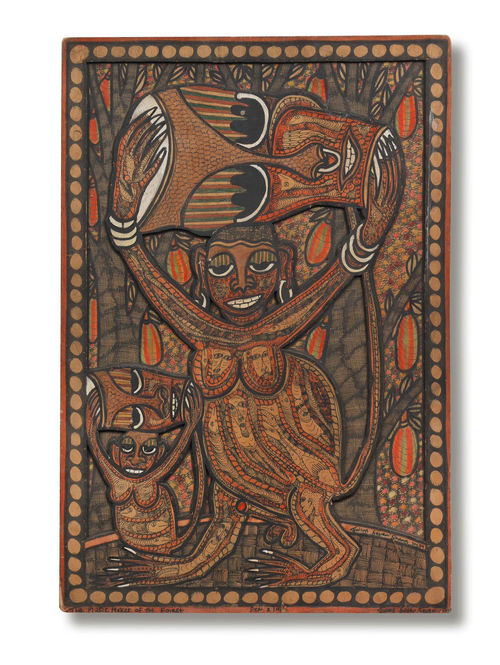 Twins Seven-Seven (Nigerian, 1944-2011) The Music Maker of the Forest (unframed): Twins Seven-Seven (Nigerian, 1944-2011) The Music Maker of the Forest signed and dated 'Twins Seven Sevens Dec 84' (lower right); further signed, titled, dated and inscribed 'The Music Maker of the Fo