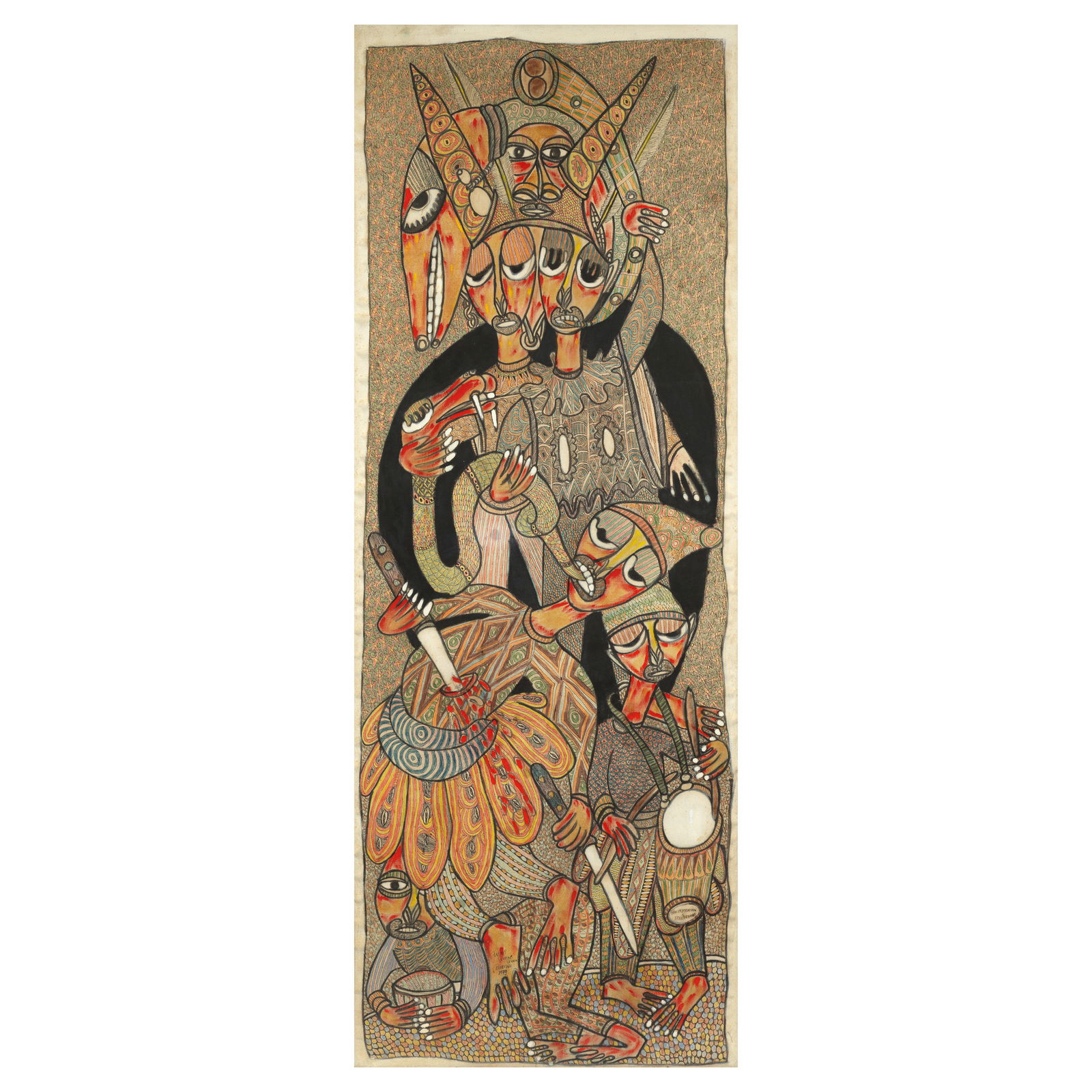 Twins Seven-Seven (Nigerian, 1944-2011) The Magician and a Musician (1979): Twins Seven-Seven (Nigerian, 1944-2011) The Magician and a Musician (1979) signed and dated 'TWINS/SEVEN/SEVEN/OSHOGBO/1979' (lower centre) ink, watercolour, and gouache on canvas 182 x 68cm (71 5/8 x