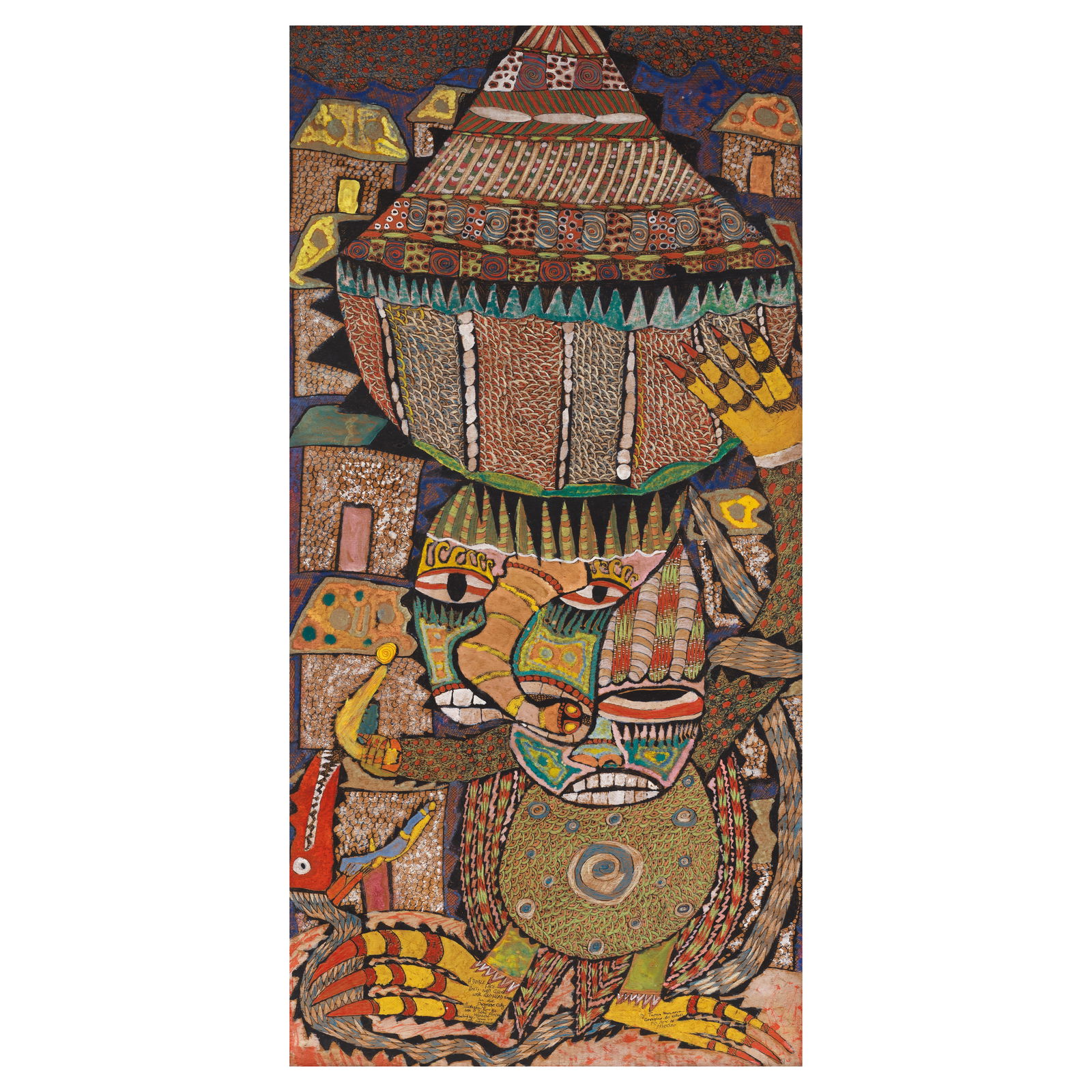 Twins Seven-Seven (Nigerian, 1944-2011) A Double Face Anti-Bird Ghost with Red Head Snake in the...: Twins Seven-Seven (Nigerian, 1944-2011) A Double Face Anti-Bird Ghost with Red Head Snake in the Pigmuse City signed, dated and titled 'A DOBLE (sic) FACE ANTI-BIRD GHOST with RED HEAD SNAKE in the pi