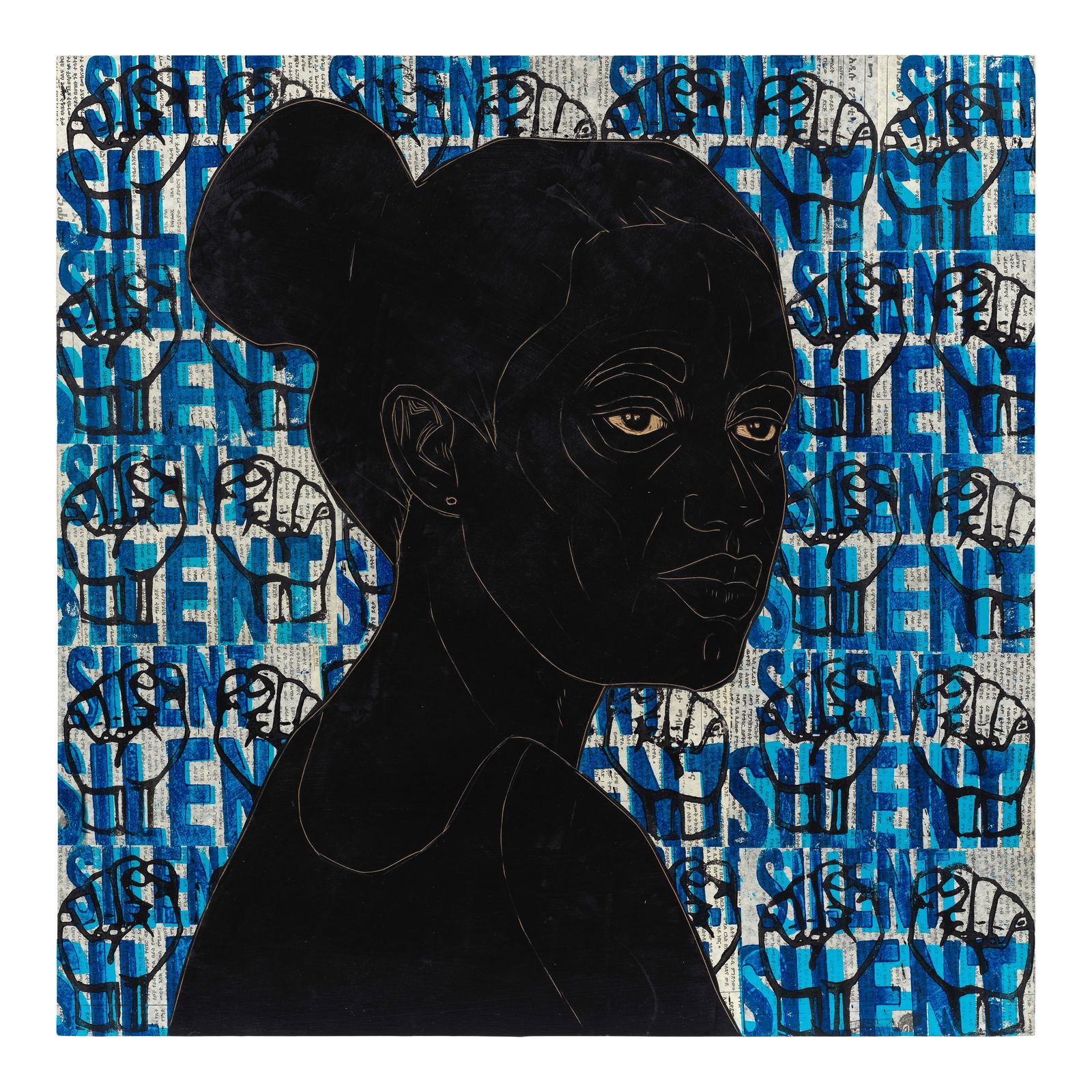 Ephrem Solomon (Ethiopian, born 1983) Silence Series 8: Ephrem Solomon (Ethiopian, born 1983) Silence Series 8 signed, titled, and dated 'Ephrem Solomon Tegegn/ Silent Series/ collage and mixed media/ 8x80 cm/ 2017/ (the artists signature and name in Amhar