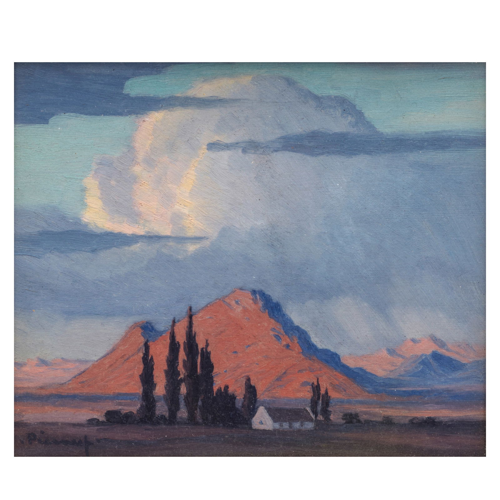 Jacob Hendrik Pierneef (South African, 1886-1957) Clouds over a mountain: Jacob Hendrik Pierneef (South African, 1886-1957) Clouds over a mountain signed 'Pierneef' (lower left); bears a Central Art Gallery label and is inscribed '5 W' (verso) oil on canvas 16 x 19cm (6 5/1