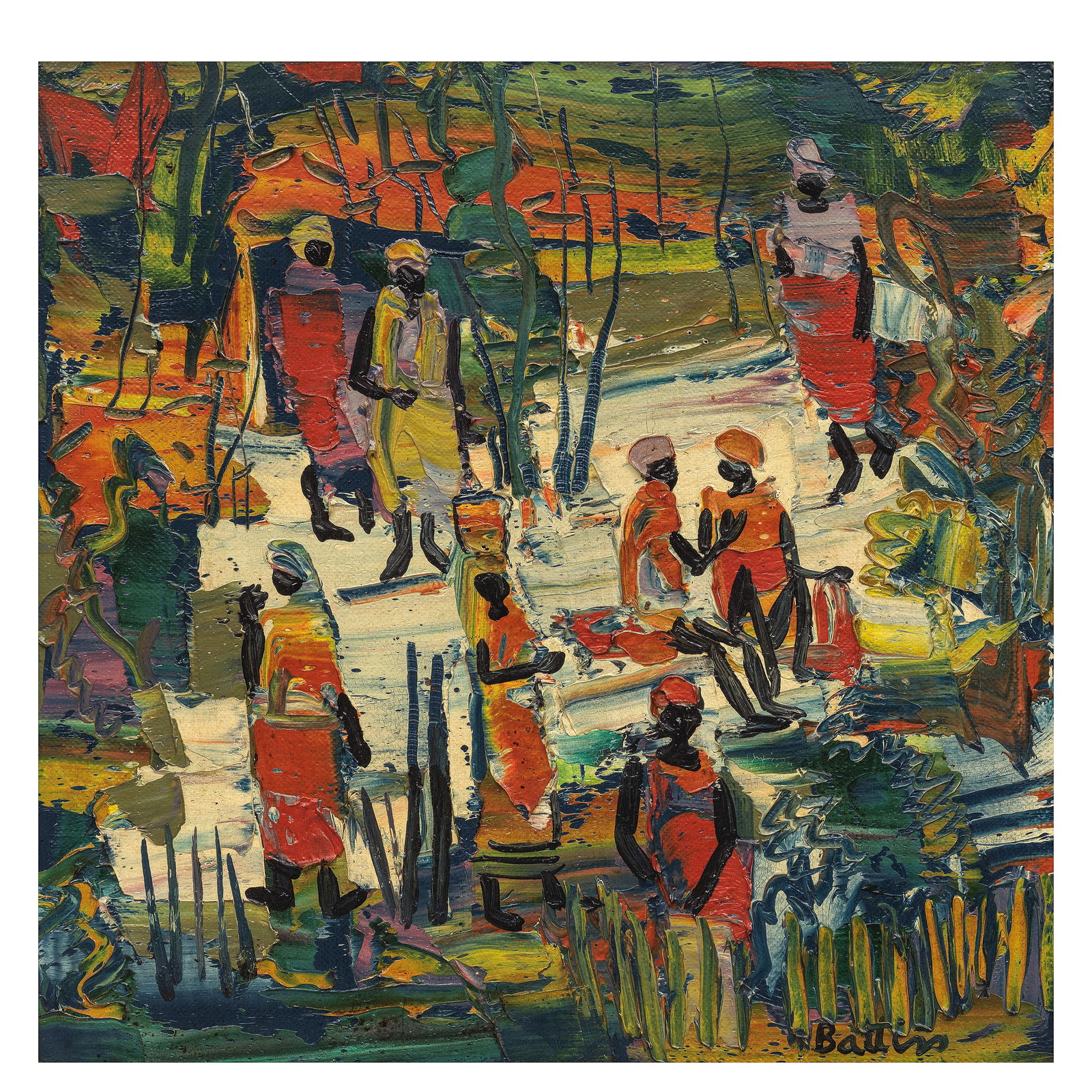 Walter Whall Battiss (South African, 1906-1982) In the clearing: Walter Whall Battiss (South African, 1906-1982) In the clearing signed 'Battiss' (lower right); inscribed 'In the clearing' and '207' (verso) oil on canvas 24.7 x 24.7cm (9 3/4 x 9 3/4in). This lot i