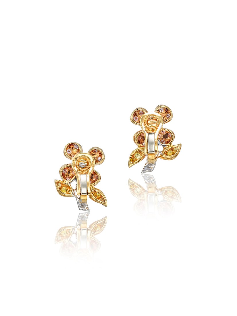 PAIR OF COLOURED DIAMOND AND DIAMOND 'FLOWER' EARCLIPS - 2