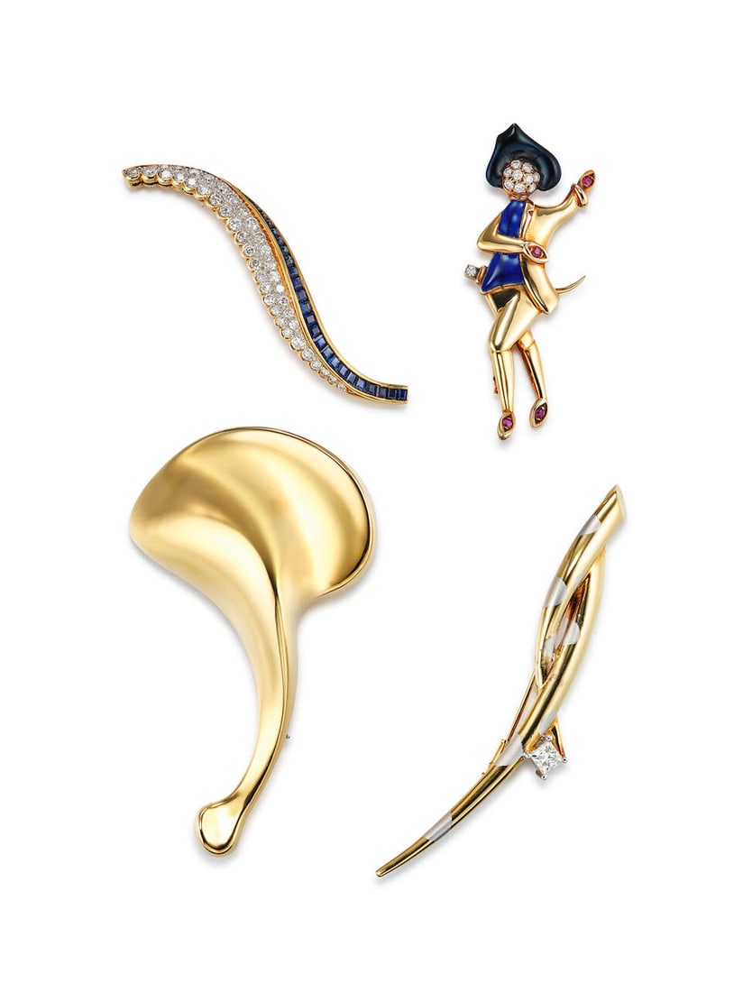 FOUR GEM-SET AND DIAMOND NOVELTY BROOCHES, TWO BY LUDWIG MULLER AND PETER WONG (4): FOUR GEM-SET AND DIAMOND NOVELTY BROOCHES, TWO BY LUDWIG MULLER AND PETER WONG 彩色寶石及鑽石別針四枚 Diamonds: approx. 1.45cts