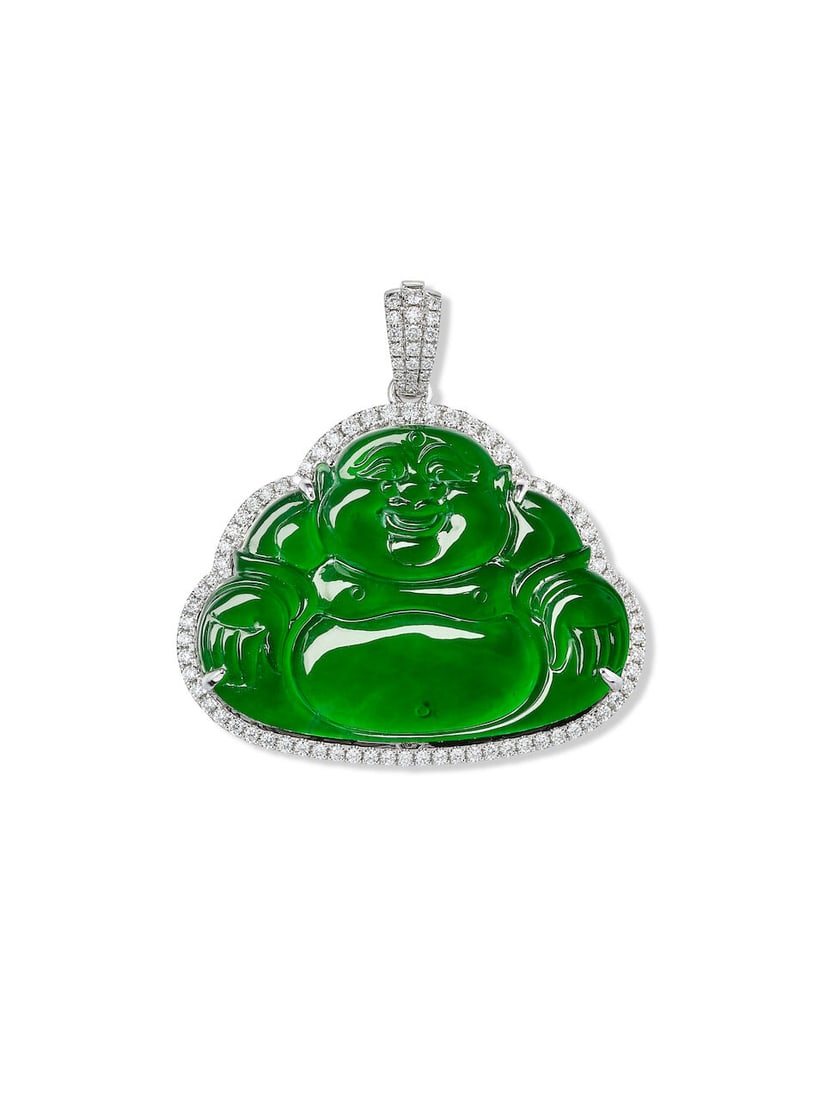 JADEITE AND DIAMOND 'LAUGHING BUDDHA' PENDANT: JADEITE AND DIAMOND 'LAUGHING BUDDHA' PENDANT 天然翡翠配鑽石「彌勒佛」吊墜 Certificate: HKKJJL, jadeite, natural,