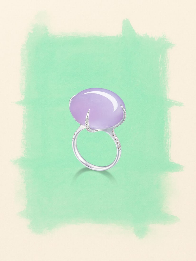 LAVENDER JADEITE AND DIAMOND RING: LAVENDER JADEITE AND DIAMOND RING 天然紫色翡翠配鑽石戒指 Certificate: HKJSL, jadeite, natural, type A (SJ