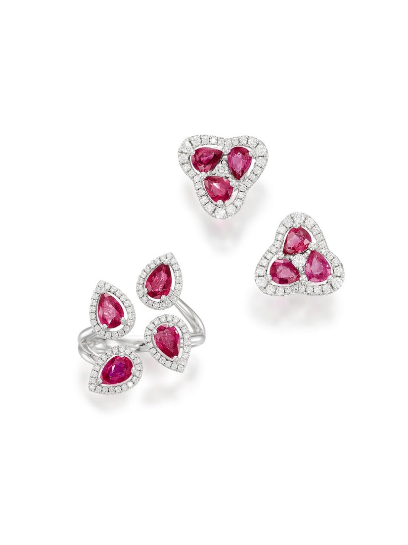 RUBY AND DIAMOND RING AND EARRING SET (2): RUBY AND DIAMOND RING AND EARRING SET 紅寶石配鑽石戒指及耳環套裝 Rubies: stamped 2.17cts (on ring) and 1.72cts (on
