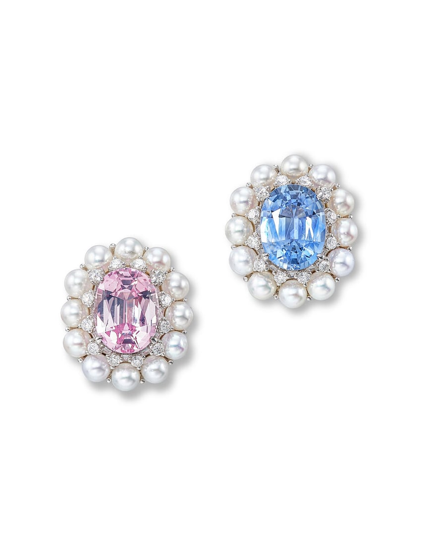PAIR OF SAPPHIRE, CULTURED PEARL AND DIAMOND EARRINGS: PAIR OF SAPPHIRE, CULTURED PEARL AND DIAMOND