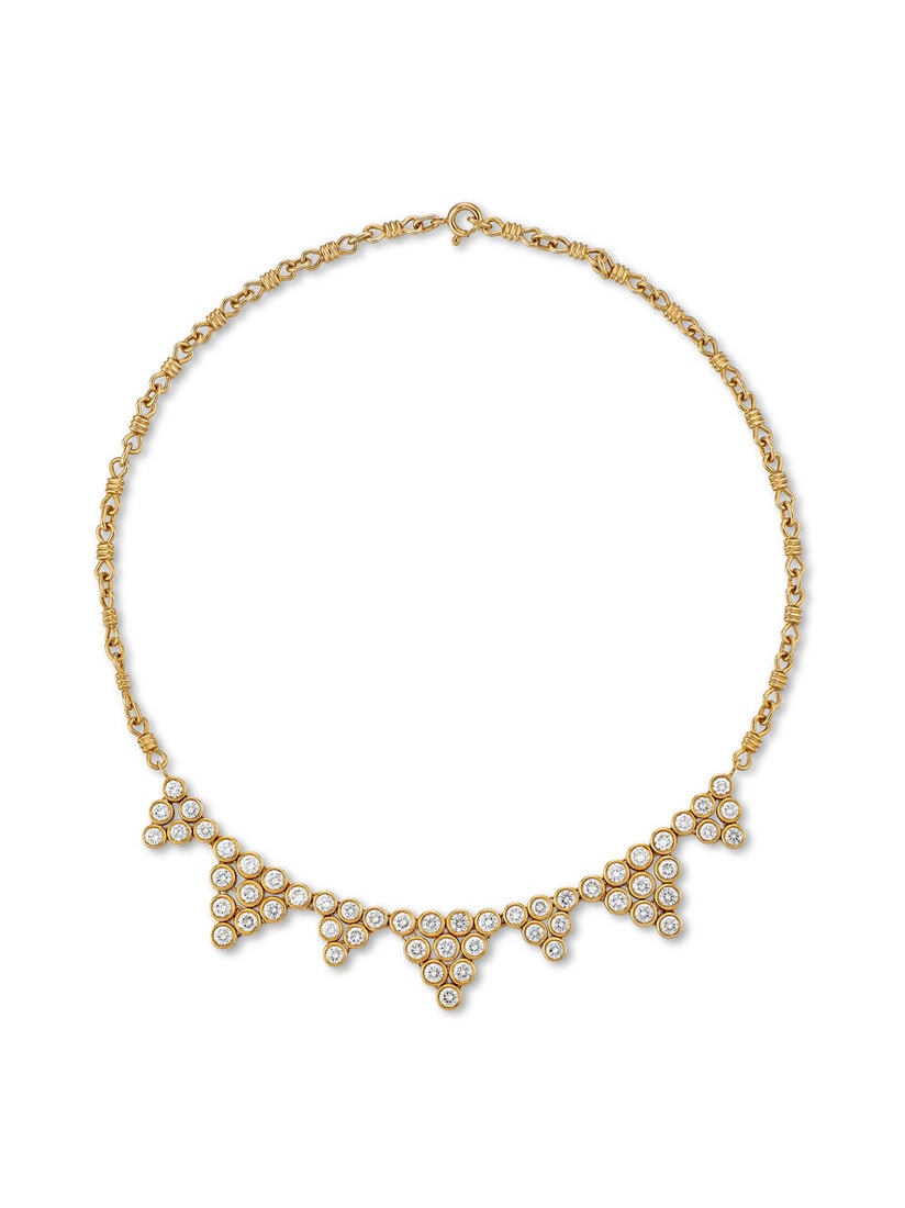 GOLD AND DIAMOND 'TRIANGLES' NECKLACE: GOLD AND DIAMOND 'TRIANGLES' NECKLACE 鑽石項鍊 Diamonds: approx. 5.00cts Metal: 14 karat yellow gold Length: 36.5cm Gross weight: 27.0g Footnotes: CONDITION REPORT: In