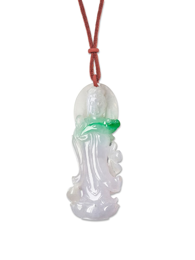 BICOLOURED JADEITE 'GUANYIN' PENDANT: BICOLOURED JADEITE 'GUANYIN' PENDANT 天然翡翠「觀音」吊墜 Certificate: HKJSL, jadeite, natural, type A (SJ 251598, 27