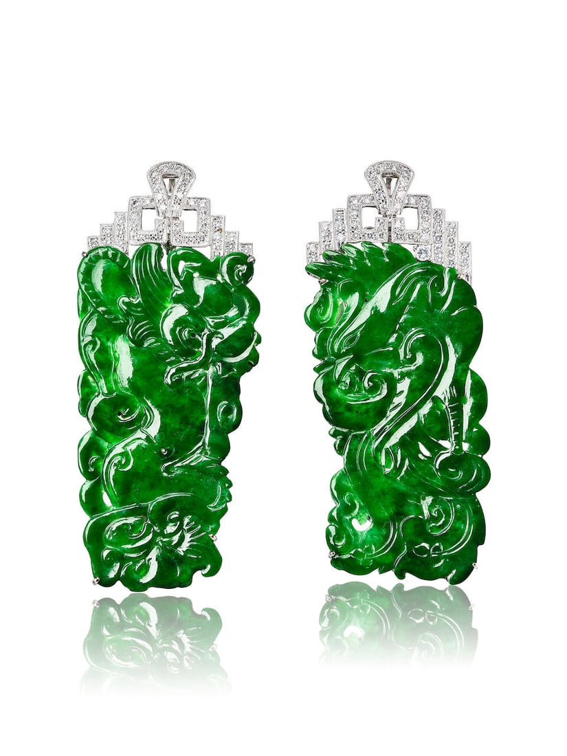 PAIR OF JADEITE AND DIAMOND 'DRAGON AND PHEONIX' BROOCHES/PENDANTS - 2