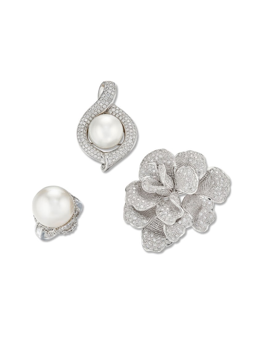 CULTURED PEARL AND DIAMOND RING AND PENDANT, AND DIAMOND FLORAL BROOCH (3) (1 of 4)
