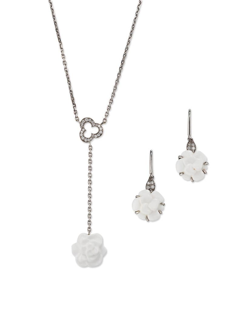 CHANEL: GEM-SET AND DIAMOND 'CAMÉLIA SCULPTÉ' NECKLACE AND 'CAMÉLIA' PENDENT EARR...: CHANEL: GEM-SET AND DIAMOND 'CAMÉLIA SCULPTÉ' NECKLACE AND 'CAMÉLIA' PENDENT