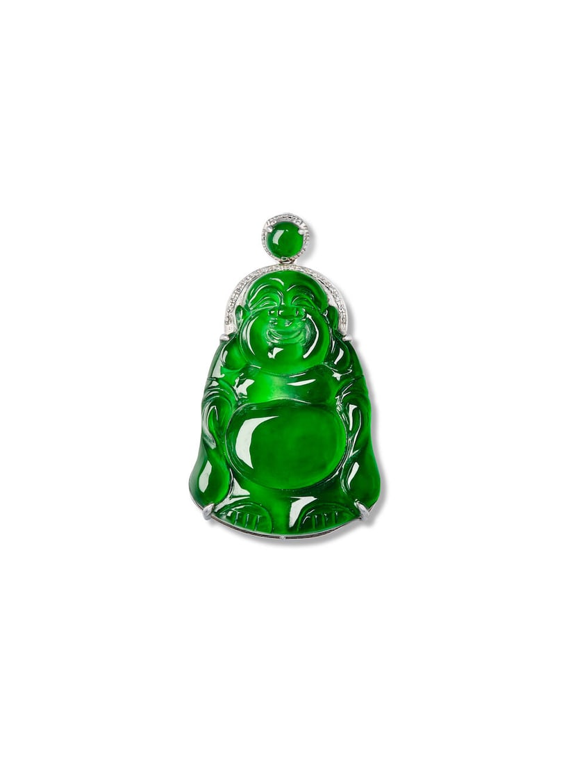 JADEITE AND DIAMOND 'LAUGHING BUDDHA' PENDANT: JADEITE AND DIAMOND 'LAUGHING BUDDHA' PENDANT 天然翡翠配鑽石「彌勒佛」吊墜項鍊 Certificate: HKJSL,
