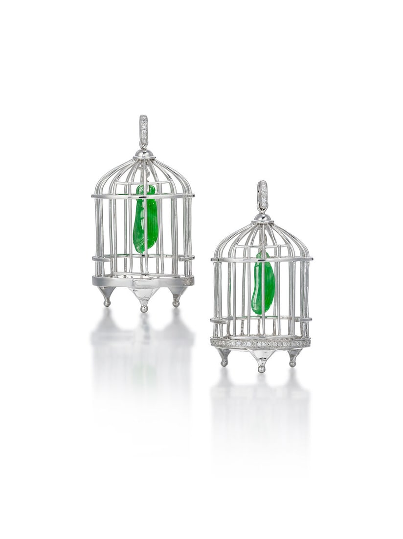 PAIR OF JADEITE AND DIAMOND 'BIRD CAGE' PENDANTS: PAIR OF JADEITE AND DIAMOND 'BIRD CAGE' PENDANTS 天然翡翠配鑽石「鳥籠」吊墜一對 Certificate: HKJSL, selected j