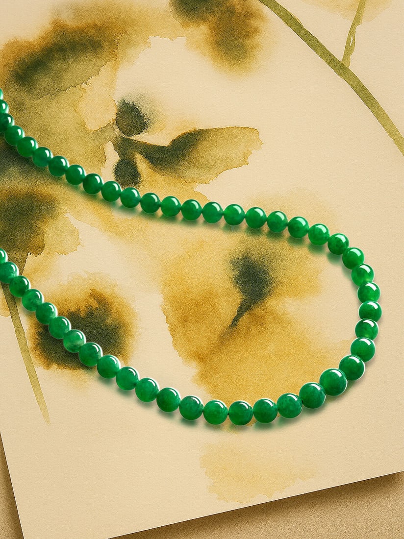 JADEITE BEAD AND DIAMOND NECKLACE: JADEITE BEAD AND DIAMOND NECKLACE 天然翡翠配鑽石項鍊 Certificate: HKJSL, selected jadeite, natural, type A (SJ 252027, 5