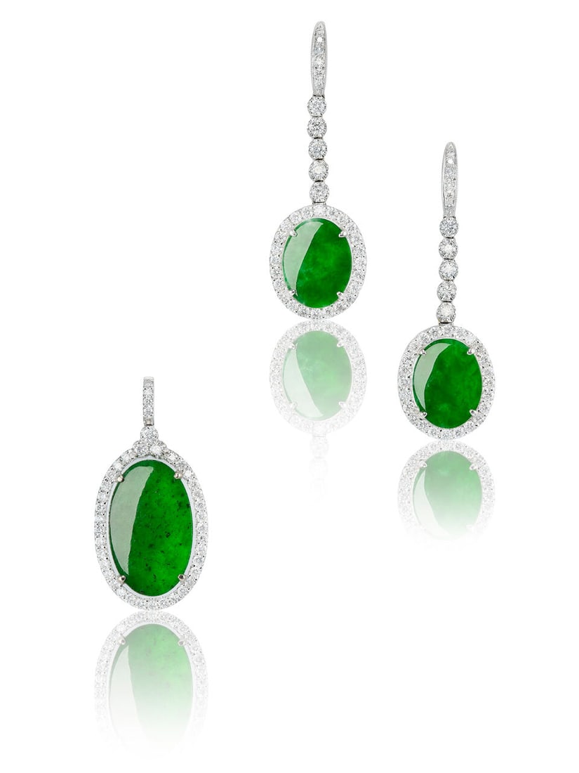 JADEITE AND DIAMOND PENDANT AND PENDENT EARRING SET (2): JADEITE AND DIAMOND PENDANT AND PENDENT EARRING SET 天然翡翠配鑽石吊墜及吊墜耳環 Certificates: 2 HKJSL, selected jad