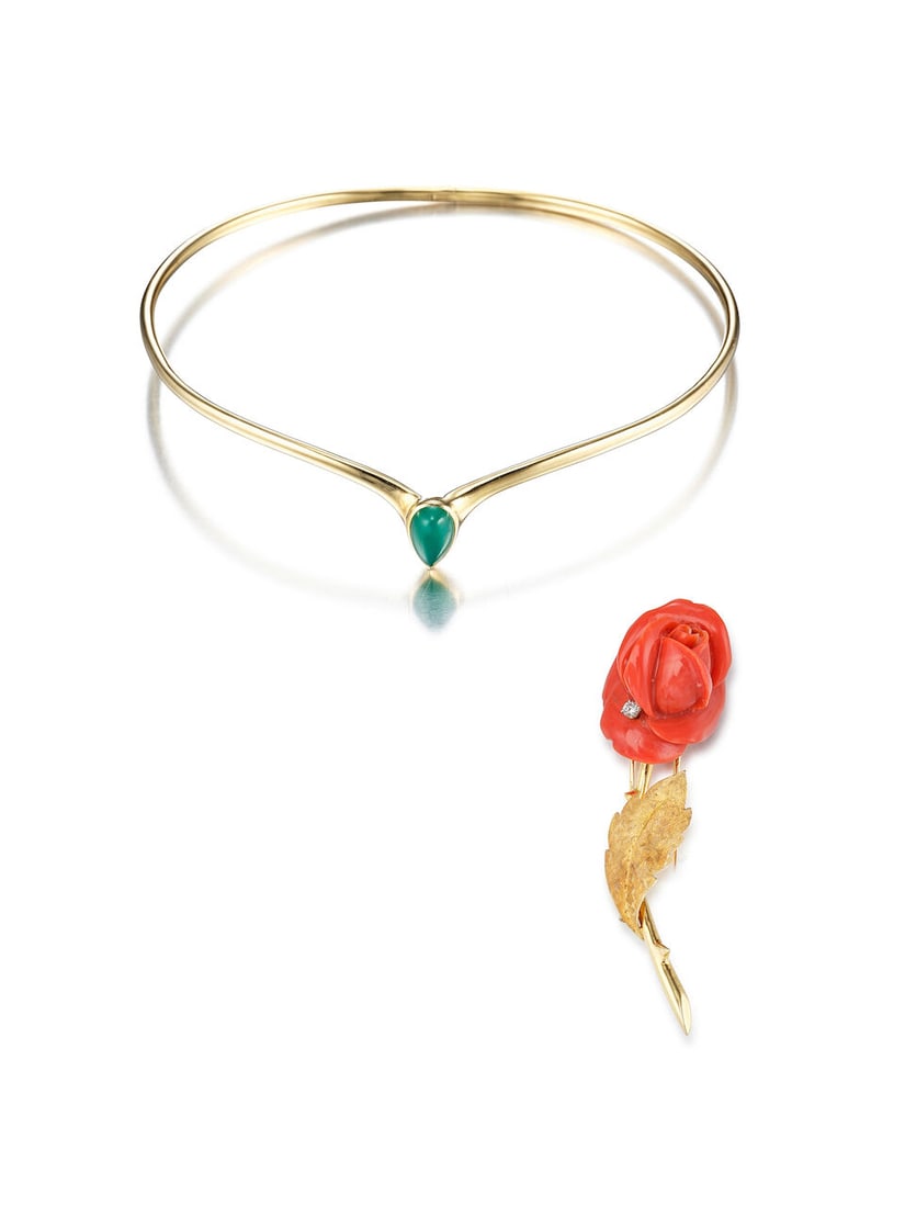 VAN CLEEF & ARPELS: CORAL AND DIAMOND 'ROSE' BROOCH, AND GOLD AND CHRYSOPRASE CHOKER (2): VAN CLEEF & ARPELS: CORAL AND DIAMOND 'ROSE' BROOCH, AND GOLD AND CHRYSOPRASE