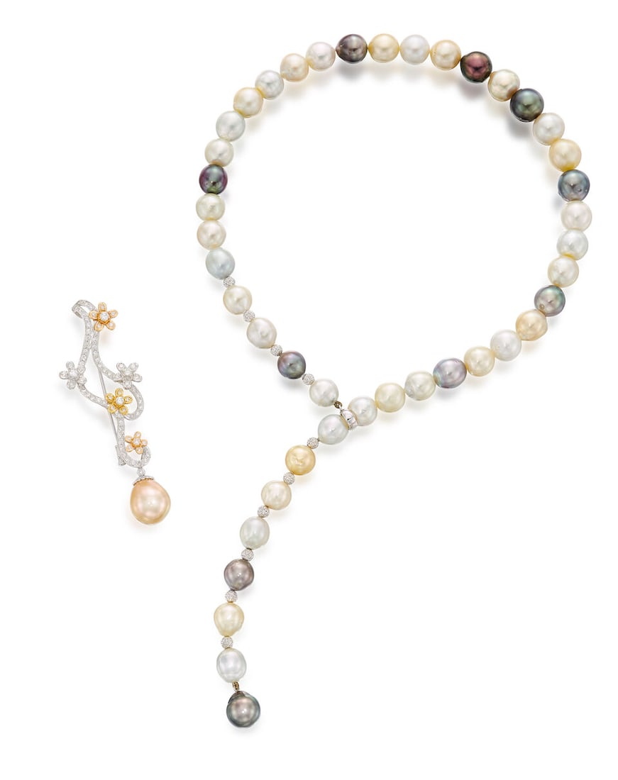 MULTI-COLOURED BAROQUE CULTURED PEARL LARIAT NECKLACE, AND CULTURED PEARL AND DIAMOND FLORET BRO... (1 of 4)