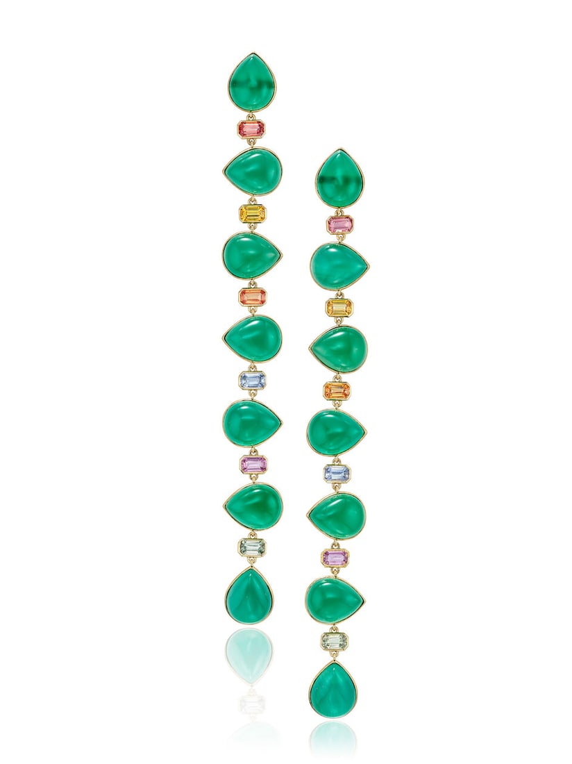CLAUDIA MA: PAIR OF CHALCEDONY AND GEM-SET DROP EARRINGS: CLAUDIA MA: PAIR OF CHALCEDONY AND GEM-SET DROP EARRINGS Claudia Ma：綠色玉髓配彩色寶石耳環 Signature: Claudia Metal: 18 karat