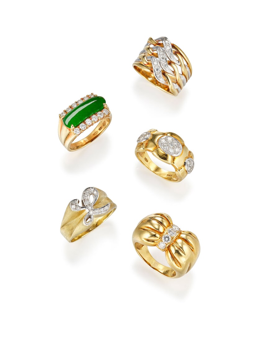 JADEITE AND DIAMOND 'SADDLE-TOP' RING, AND GROUP OF DIAMOND RINGS (5): JADEITE AND DIAMOND 'SADDLE-TOP' RING, AND GROUP OF DIAMOND