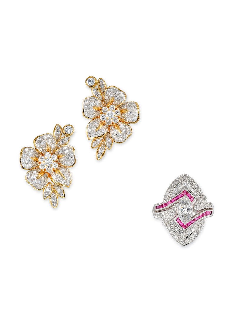 PAIR OF DIAMOND FLORAL EARRINGS, AND DIAMOND AND GEM-SET RING (2): PAIR OF DIAMOND FLORAL EARRINGS, AND DIAMOND AND GEM-SET RING 鑽石耳環，及鑽石配紅寶石戒指 Diamonds: approx.
