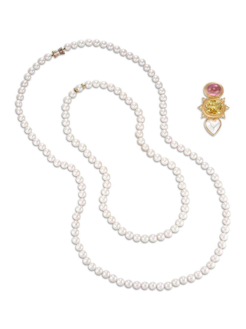 GEM-SET, MABÉ CULTURED PEARL AND DIAMOND BROOCH, AND TWO CULTURED PEARL NECKLACES (3): GEM-SET, MABÉ CULTURED PEARL AND DIAMOND BROOCH, AND TWO CULTURED PEARL