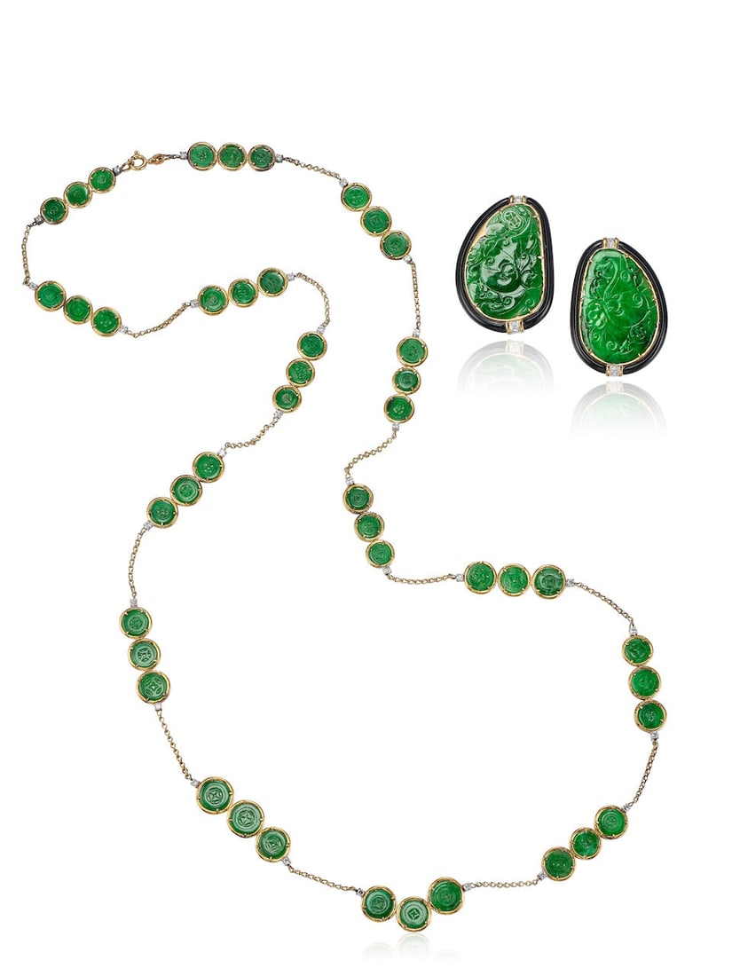 PAIR OF JADEITE, ONYX AND DIAMOND EARCLIPS, AND JADEITE 'COIN' AND DIAMOND LONGCHAIN (2): PAIR OF JADEITE, ONYX AND DIAMOND EARCLIPS, AND JADEITE 'COIN' AND DIAMOND