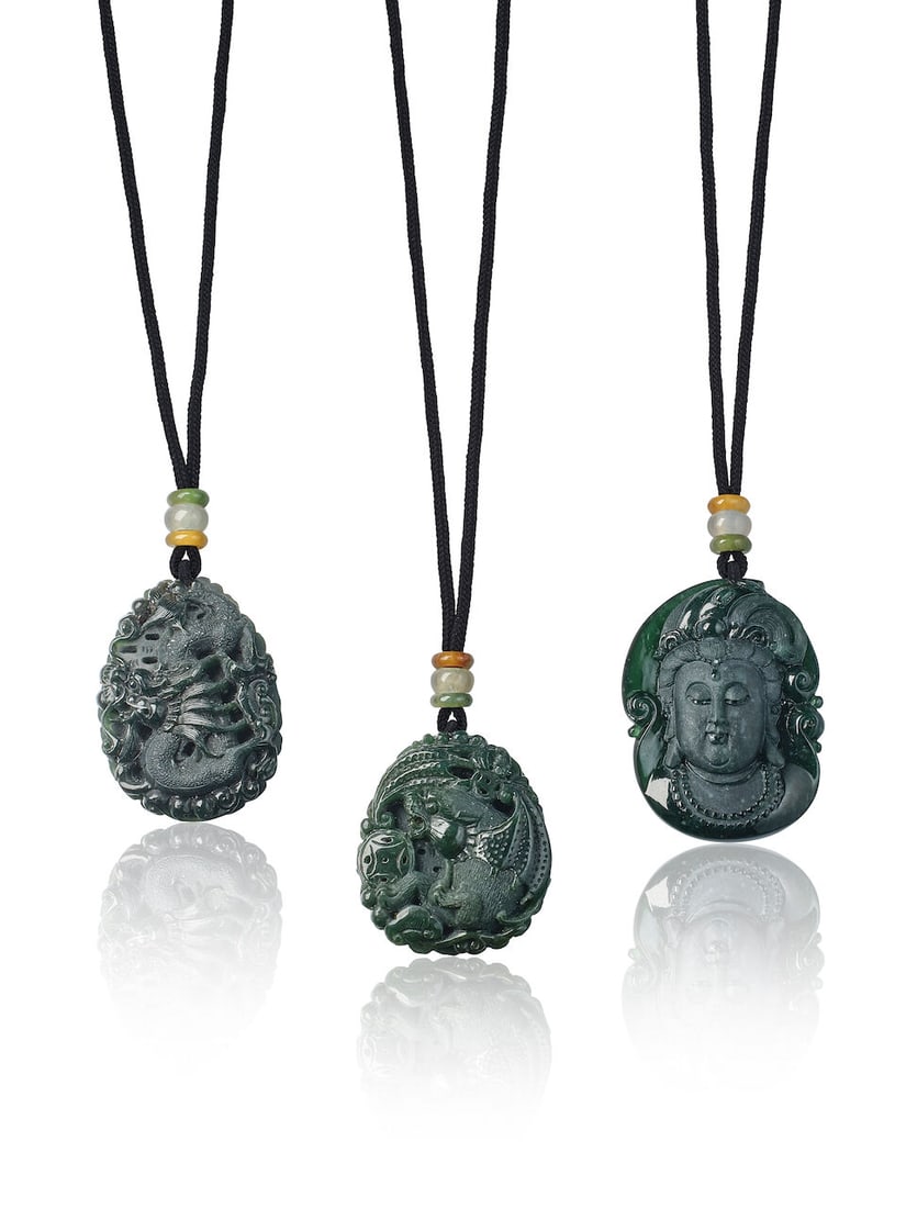THREE DEEP GREEN JADEITE AND MULTI-COLOURED JADEITE PENDANTS (3): THREE DEEP GREEN JADEITE AND MULTI-COLOURED JADEITE PENDANTS 天然墨翠配翡翠吊墜三件 Certificates: 3 HKJSL, jadeites, natural, type