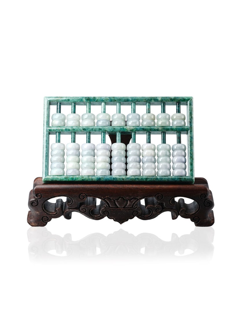 JADEITE 'ABACUS' ORNAMENT: JADEITE 'ABACUS' ORNAMENT 天然翡翠「算盤」擺件連木座 Certificate: HKKJJL, selected jadeite, natural, type A (SC237475, 5