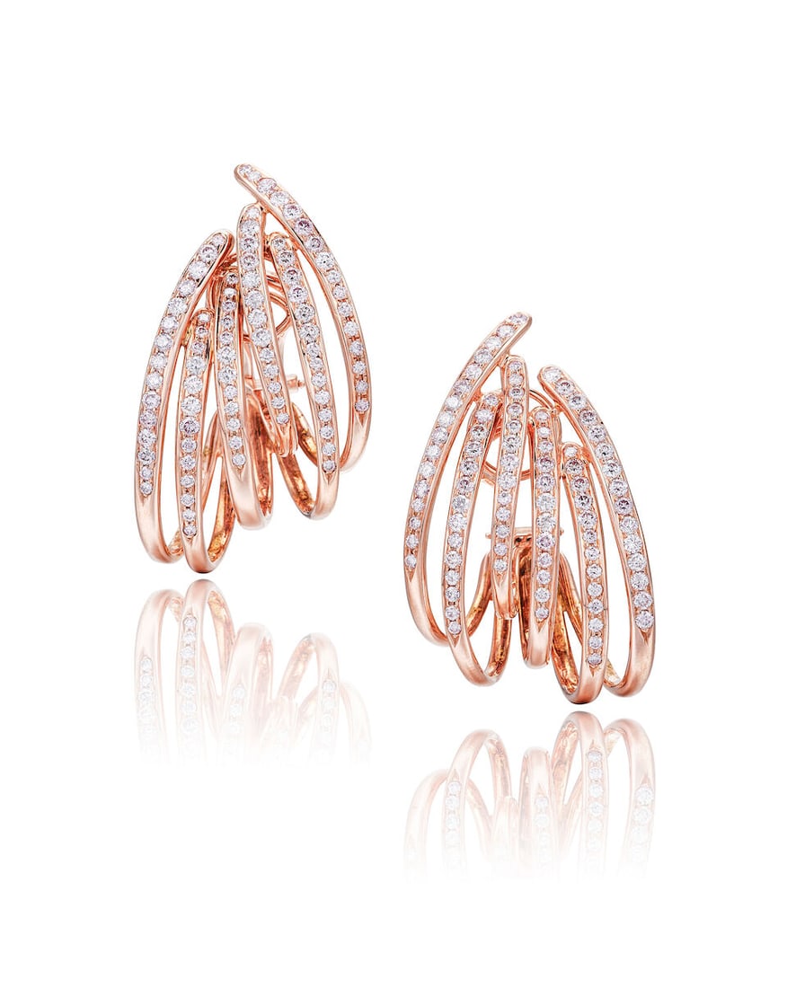 PAIR OF COLOURED DIAMOND EARRINGS: PAIR OF COLOURED DIAMOND EARRINGS 彩色鑽石耳環 Coloured diamonds: approx. 2.20cts Metal: 18 karat pink gold Length: 4.0cm Gross weight: 26.3g Footnotes: Coloured