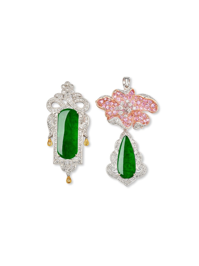 TWO JADEITE, GEM-SET, COLOURED DIAMOND AND DIAMOND PENDANTS (2): TWO JADEITE, GEM-SET, COLOURED DIAMOND AND DIAMOND