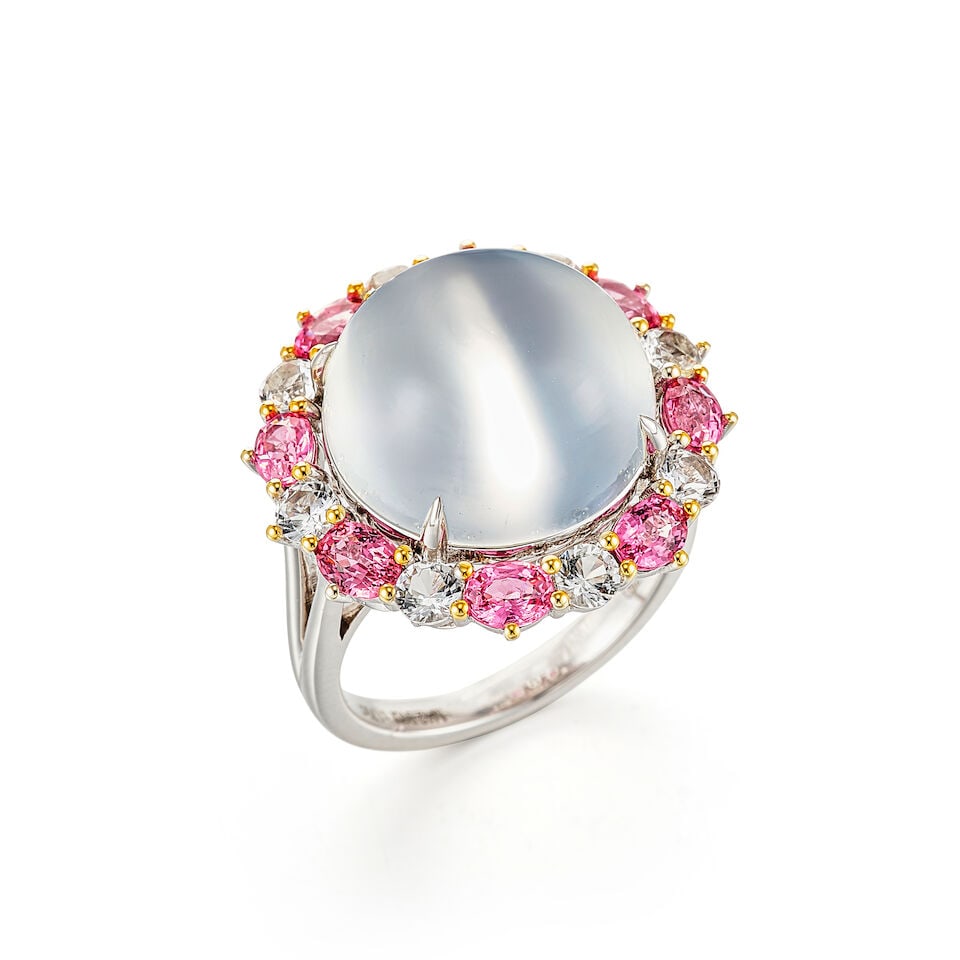 MOONSTONE AND GEM-SET RING: MOONSTONE AND GEM-SET RING 天然未經處理月光石配尖晶石及托帕石戒指 Certificate: gem